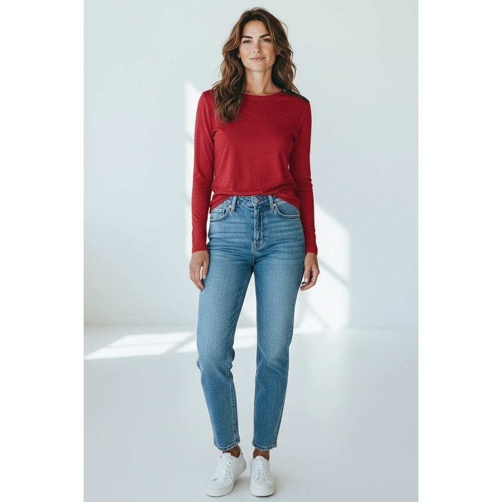 Lauren Ralph Lauren Red Knit Top Faux Suede Shoulder & Elbow Preppy Boho Chic L